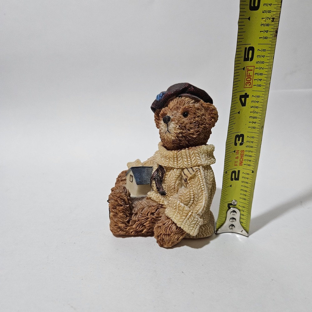 Vintage Resin Teddy Bear Figurine Wearing Sweater and Beret Holding House 1998 - Picture 5 of 7
